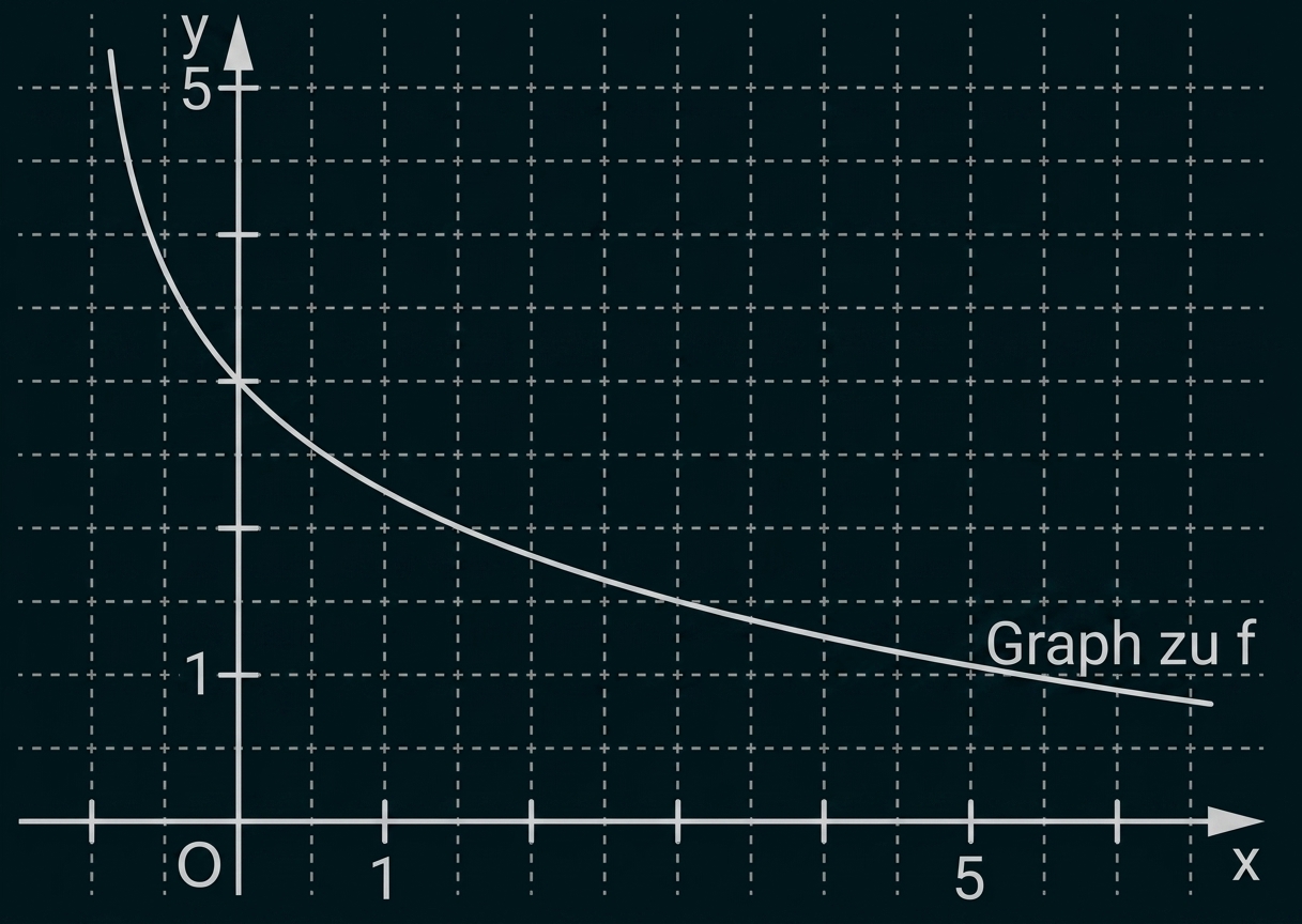 Koordinatensystem mit Raster und abfallender Kurve (Graph zu f), beschriftete x- und y-Achse