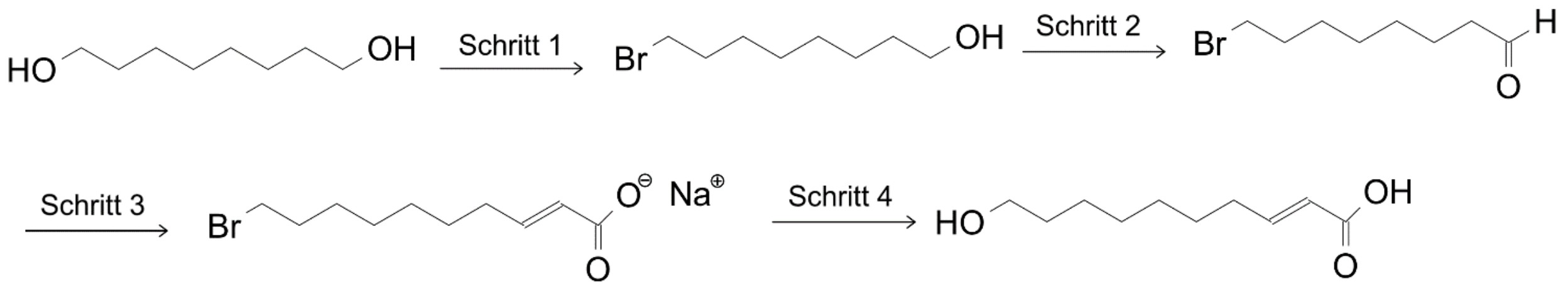 Chemisches Reaktionsschema der Synthese von 10-Hydroxydec-2-ensäure: vier Schritte an linearem Kohlenstoffgerüst mit OH-, Br- und Carbonylgruppen.