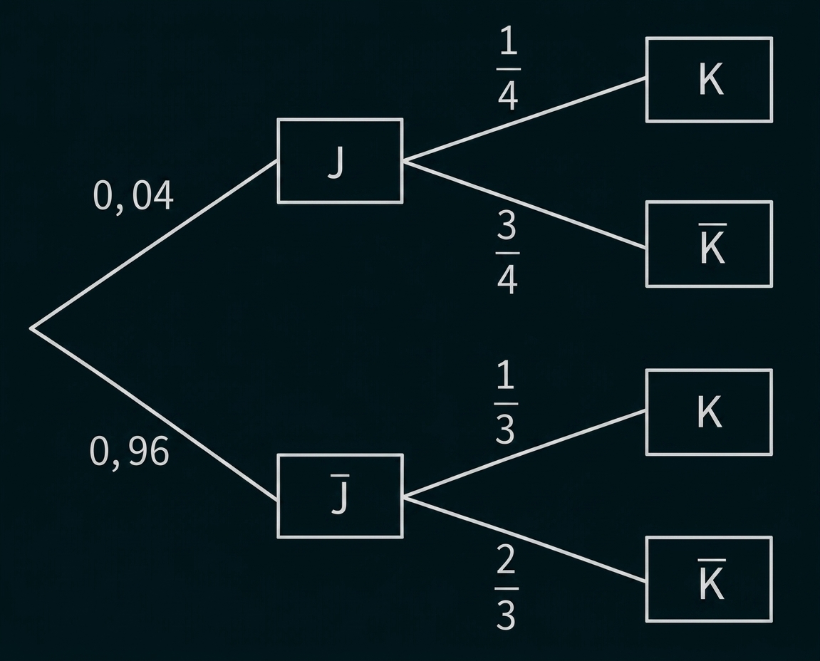Wahrscheinlichkeitsbaum: J (0,04) und J̄ (0,96) zu K oder K̄ mit 1/4, 3/4 bzw. 1/3, 2/3