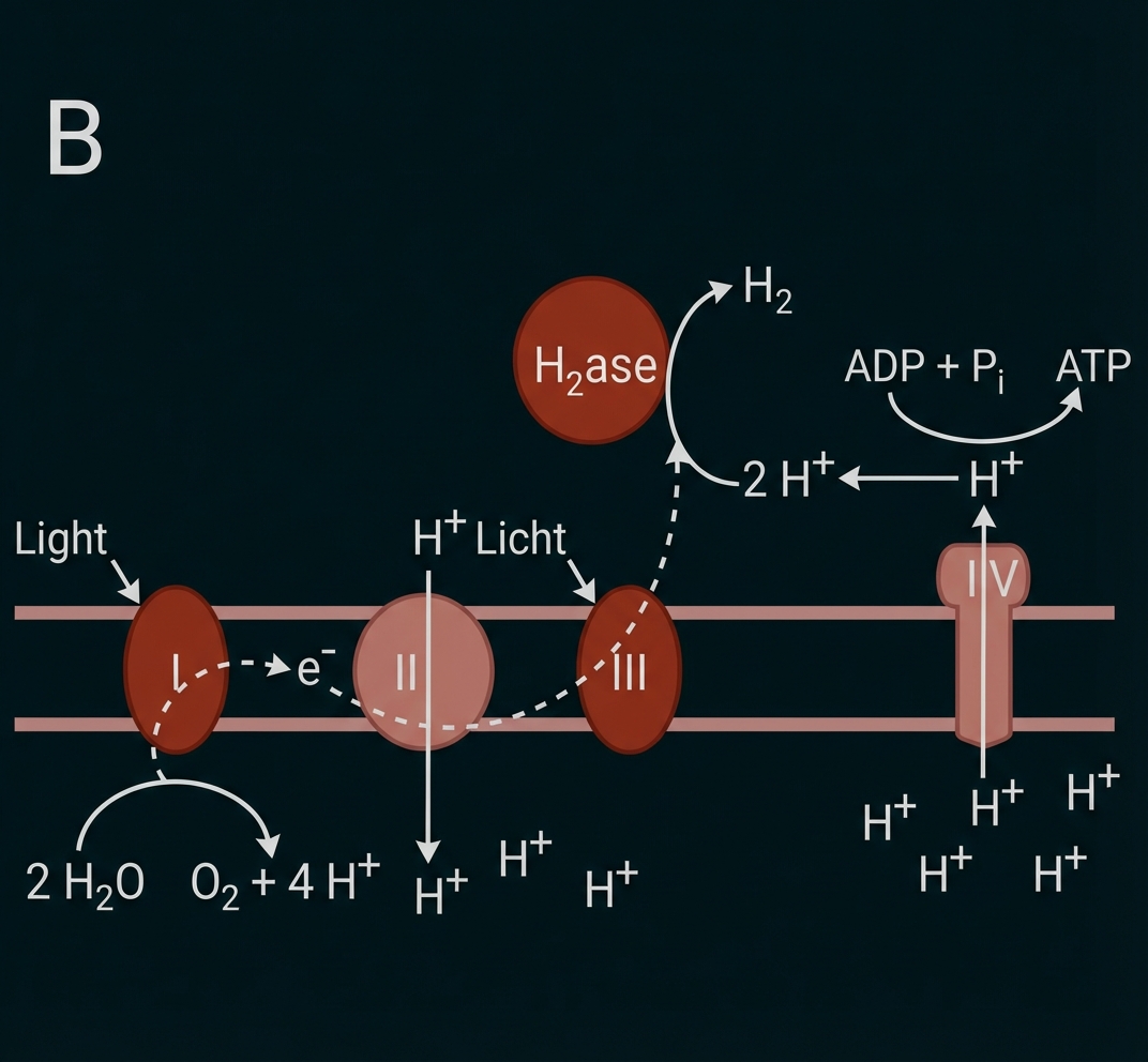 Schematische Abbildung der Photosynthese-Lichtreaktionen: Elektronentransport, Protonenfluss, ATP- und NADPH-Bildung, Calvin-Zyklus.