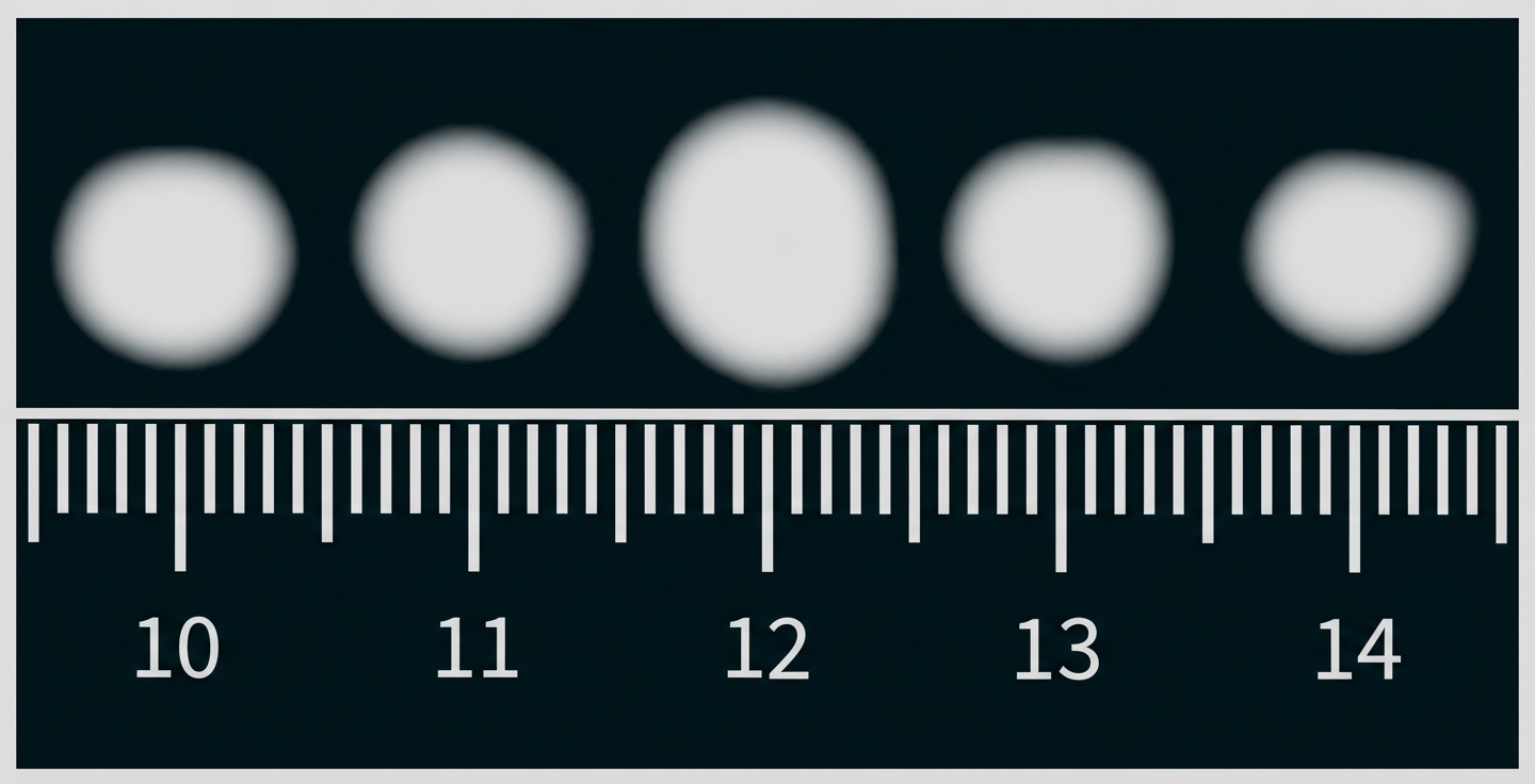 Fünf unscharfe Kreise über einem Lineal mit Zentimeter-Markierungen von 10 bis 14.