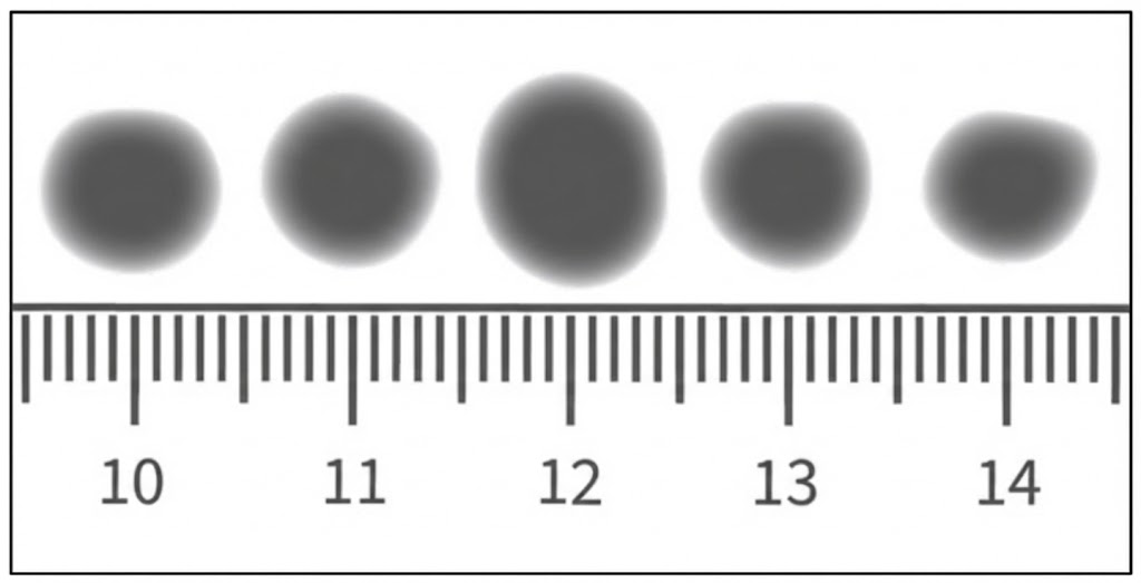 Fünf unscharfe Kreise über einem Lineal mit Zentimeter-Markierungen von 10 bis 14.
