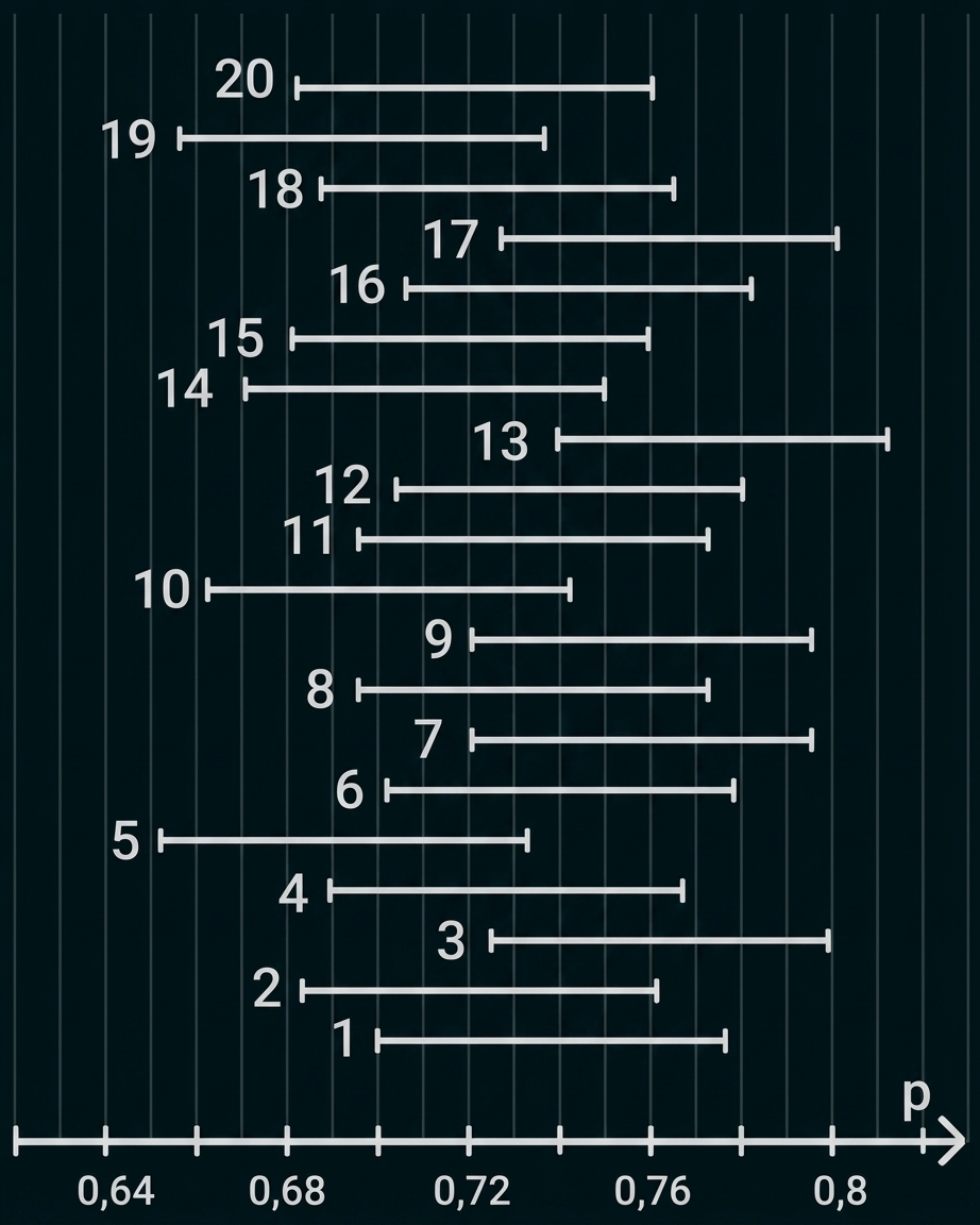 Liniendiagramm mit nummerierten Balken und Wertebereich auf der p-Achse