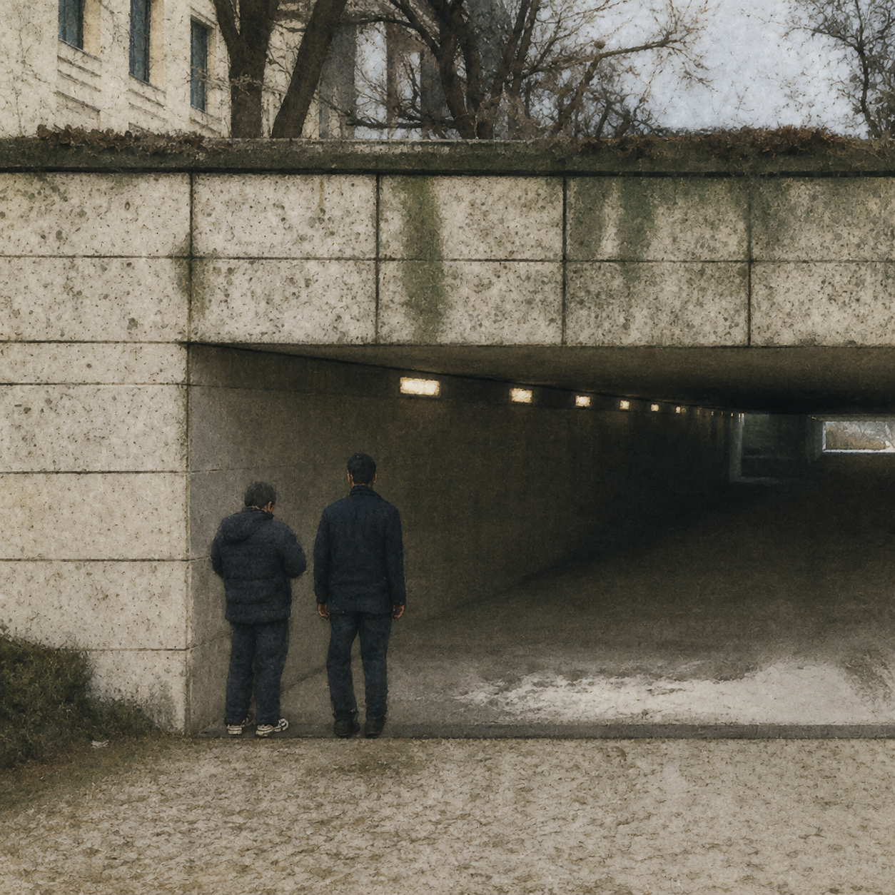 Zwei Männer stehen vor einem dunklen Tunnel unter einer Brücke.