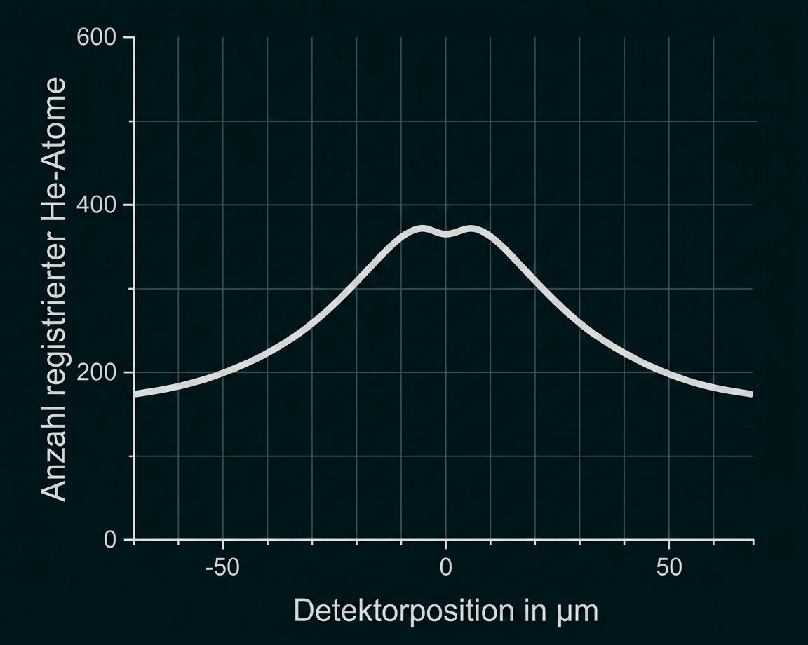 Kurvendiagramm: registrierte He-Atome vs. Detektorposition (µm), Peak bei 0 µm.