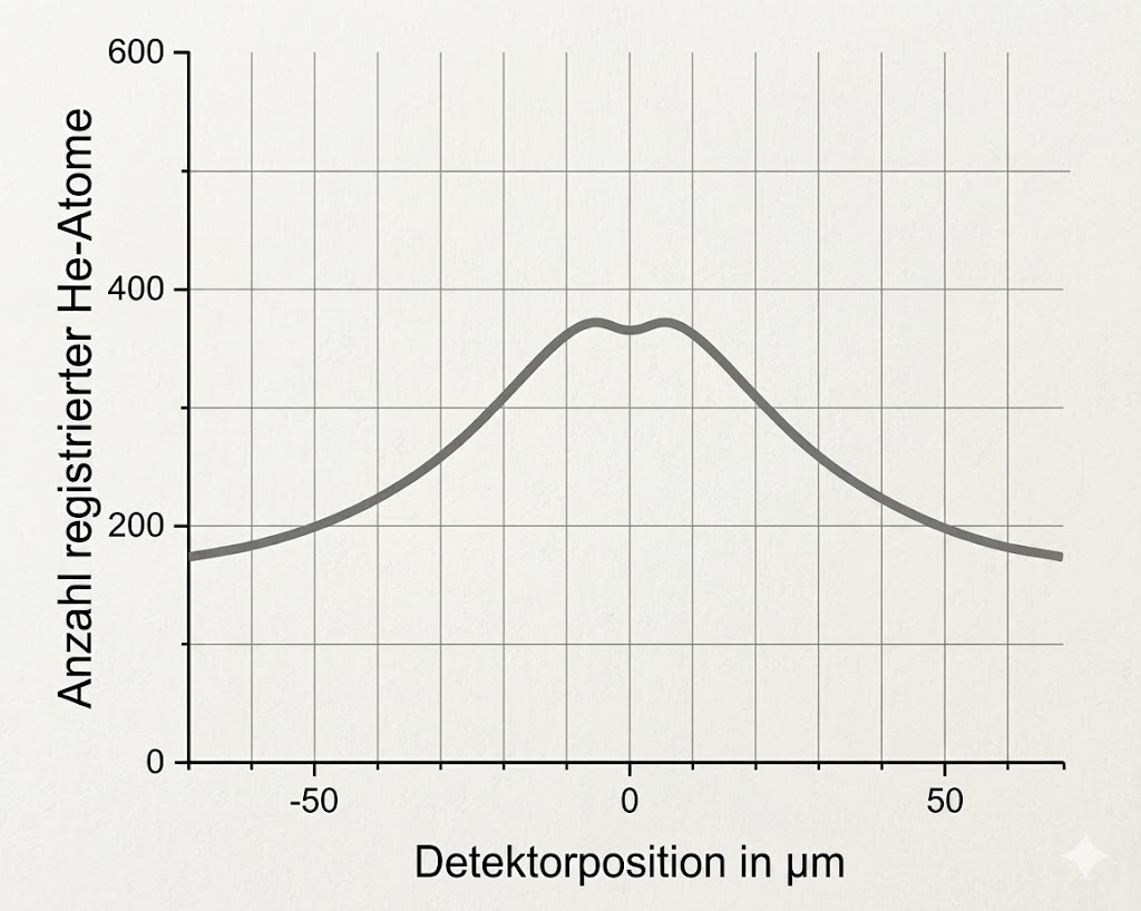 Kurvendiagramm: registrierte He-Atome vs. Detektorposition (µm), Peak bei 0 µm.