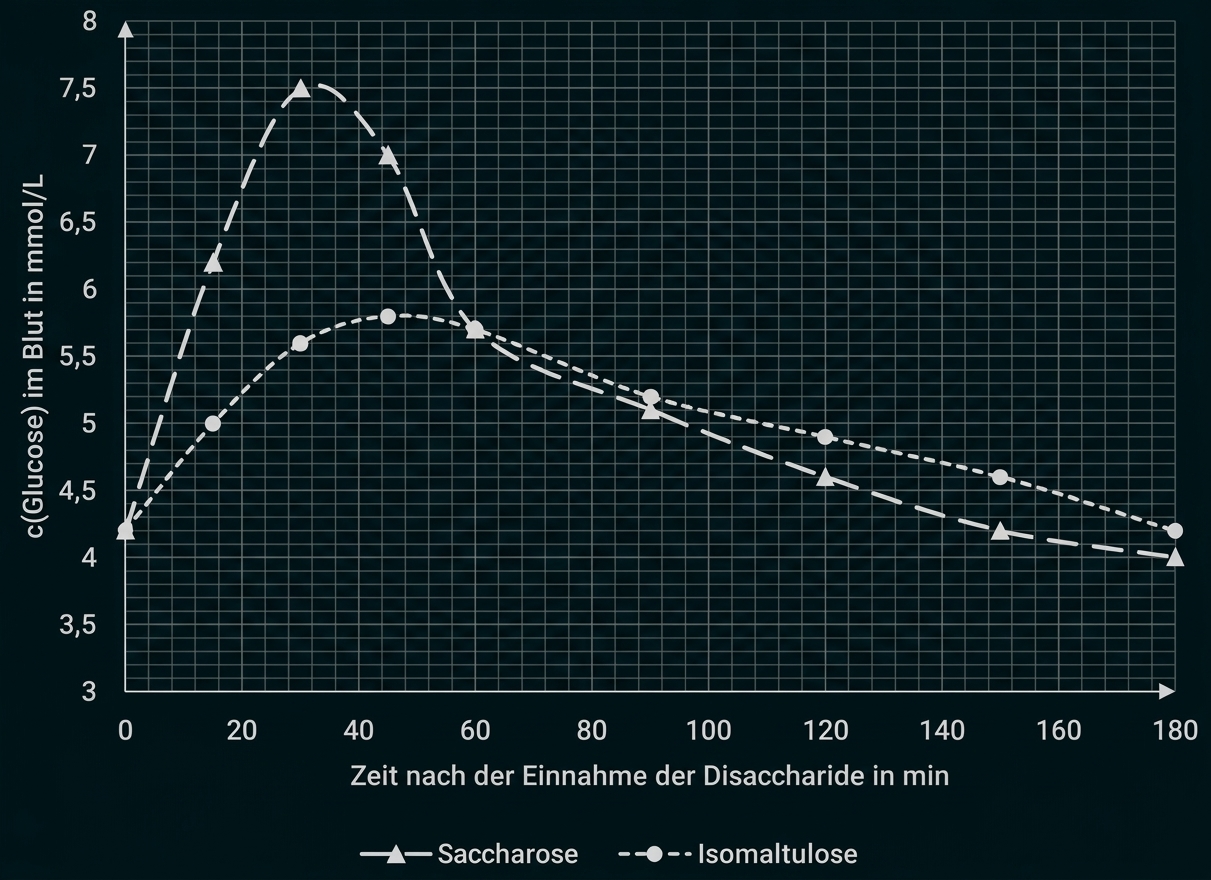 Diagramm: Blutglukose über 180 min nach Einnahme von Saccharose (Dreiecke) und Isomaltulose (Punkte).