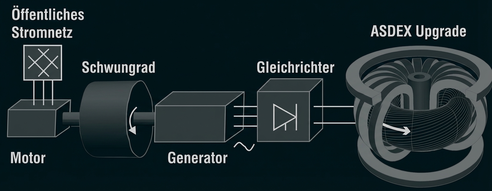Schematische Darstellung: öffentliches Stromnetz, Motor mit Schwungrad, Generator, Gleichrichter und ASDEX Upgrade Tokamak.