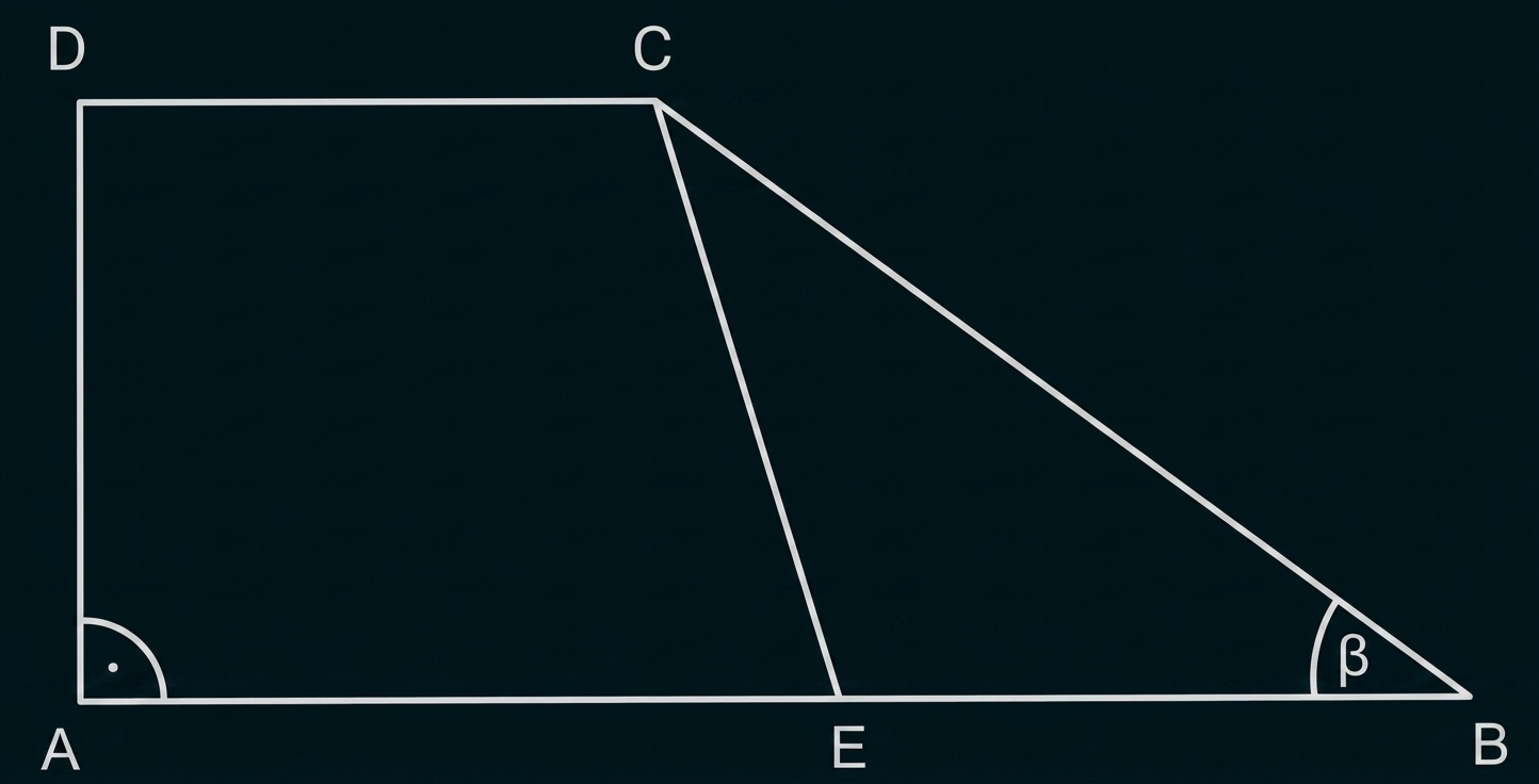 Geometrische Skizze mit Viereck und Dreieck, Punkten A bis D und markiertem Winkel β.