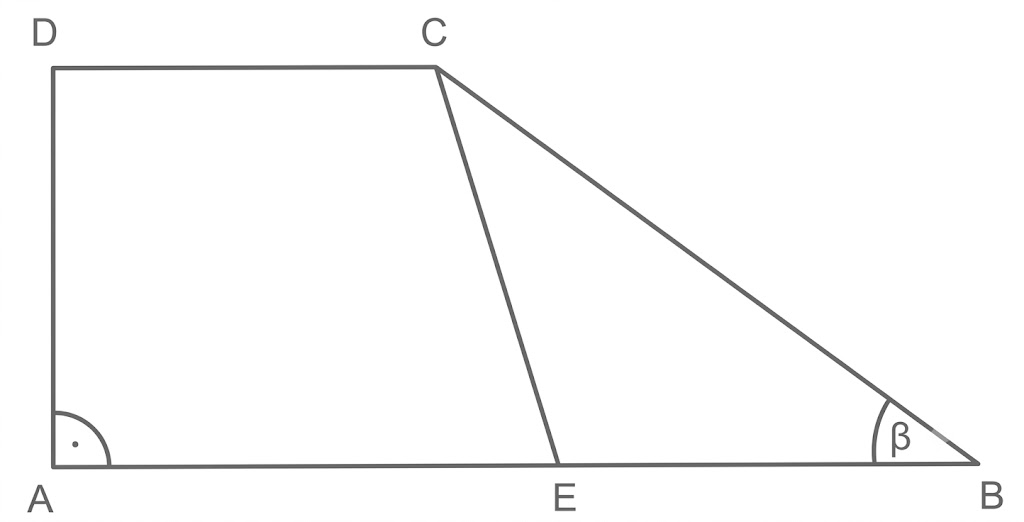 Geometrische Skizze mit Viereck und Dreieck, Punkten A bis D und markiertem Winkel β.