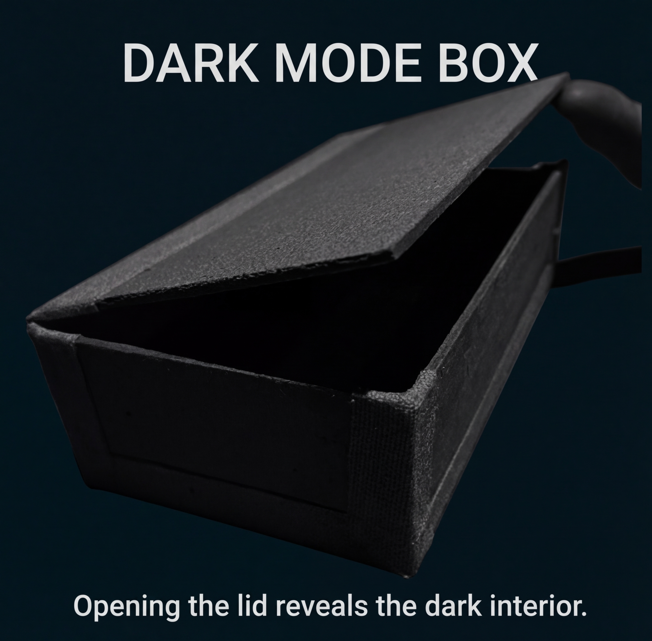 Offene rechteckige Box mit aufklappbarem Deckel, Hand hält Deckel