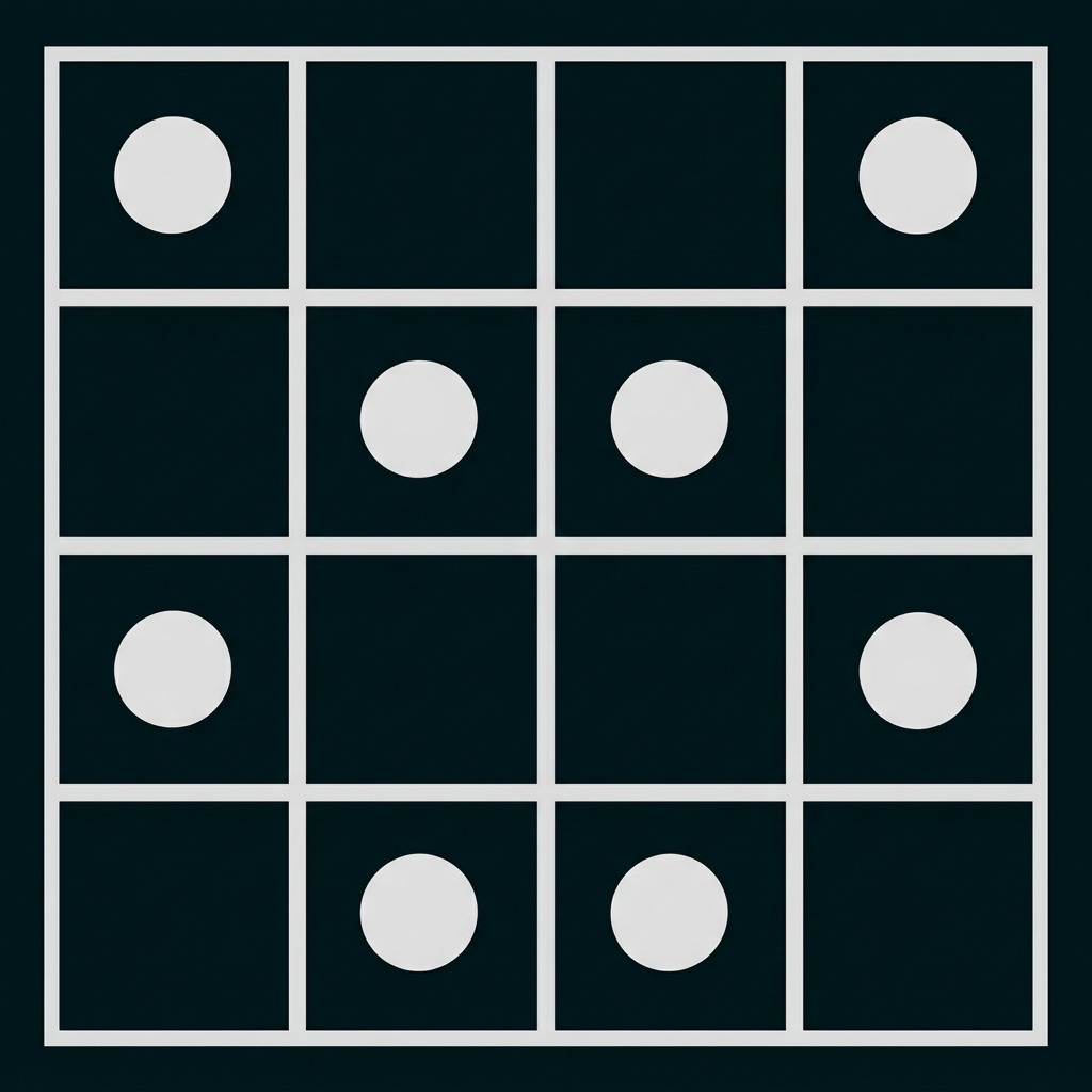 Ein 4×4-Raster mit acht schwarzen Punkten in verschiedenen Feldern.