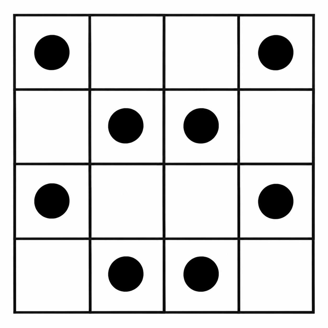 Ein 4×4-Raster mit acht schwarzen Punkten in verschiedenen Feldern.