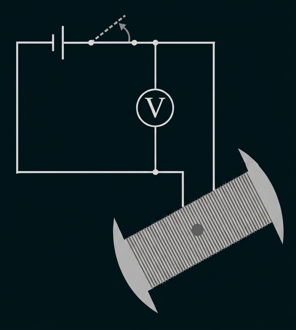 Schaltung mit Batterie, Voltmeter und Spule mit verstellbarem Kontakt
