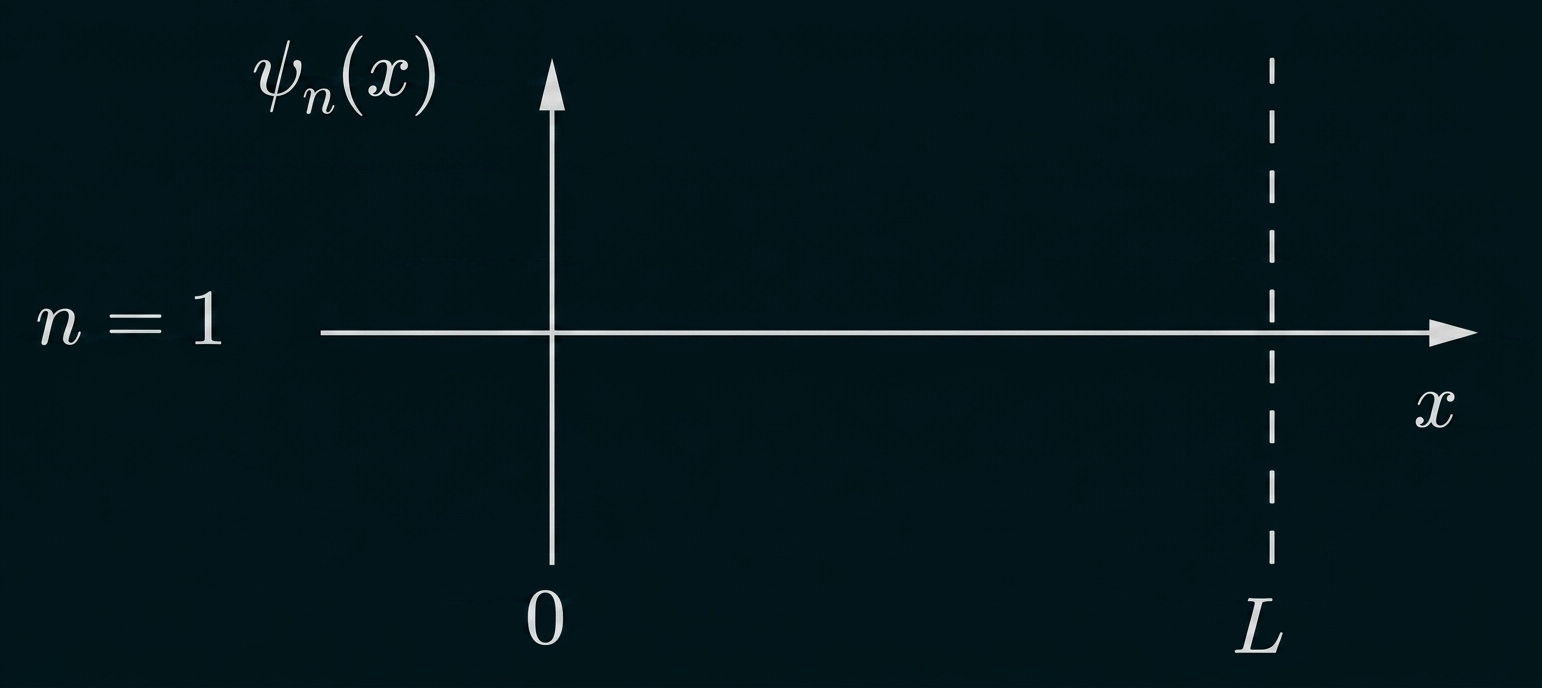 Diagramm: Achsen mit ψ_n(x) und x, n=1, Ursprung 0, gestrichelte Linie bei x = L