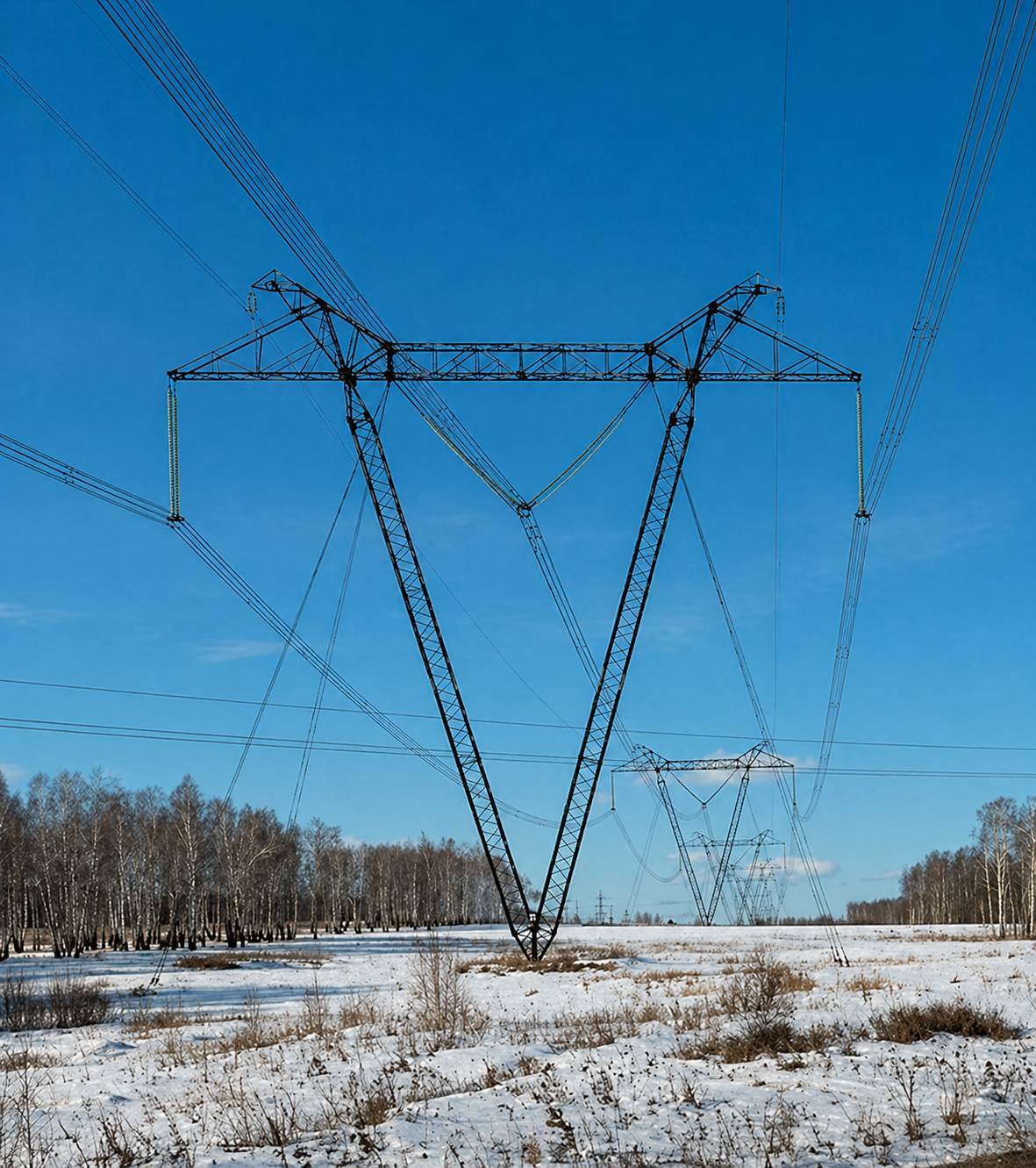 Hochspannungsmasten und Leitungen über verschneiter Landschaft unter klarem blauem Himmel