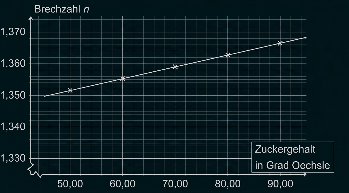 Diagramm mit Messpunkten und aufsteigender Linie: Brechzahl n gegen Zuckergehalt in Grad Oechsle.