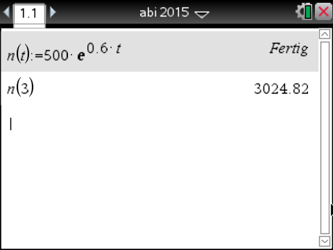 Mathematik-Software zeigt eine Berechnung mit der Formel n(t)=500·e^(0.6·t) und Ergebnis für n(3) an.