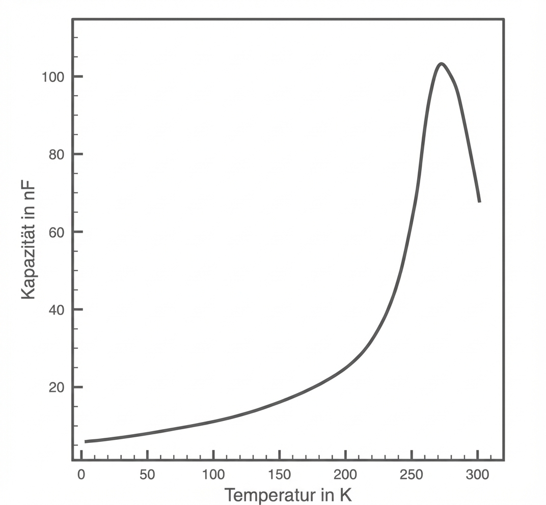 Diagramm: Kapazität (nF) vs Temperatur (K), Kurve steigt und zeigt Spitze bei etwa 280 K