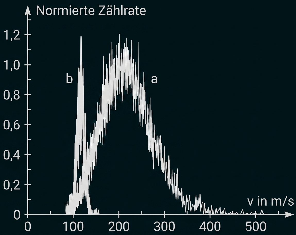 Diagramm mit normierter Zählrate gegen Geschwindigkeit, zwei Peaks (breit a, schmal b)