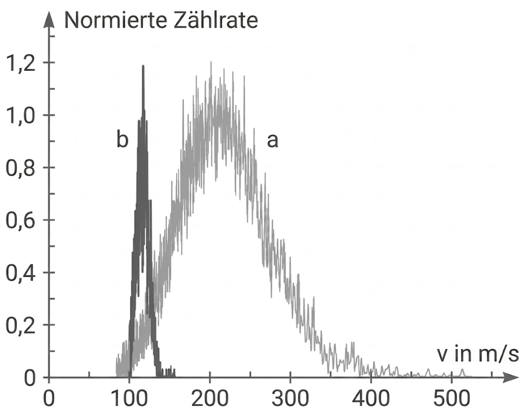 Diagramm mit normierter Zählrate gegen Geschwindigkeit, zwei Peaks (breit a, schmal b)