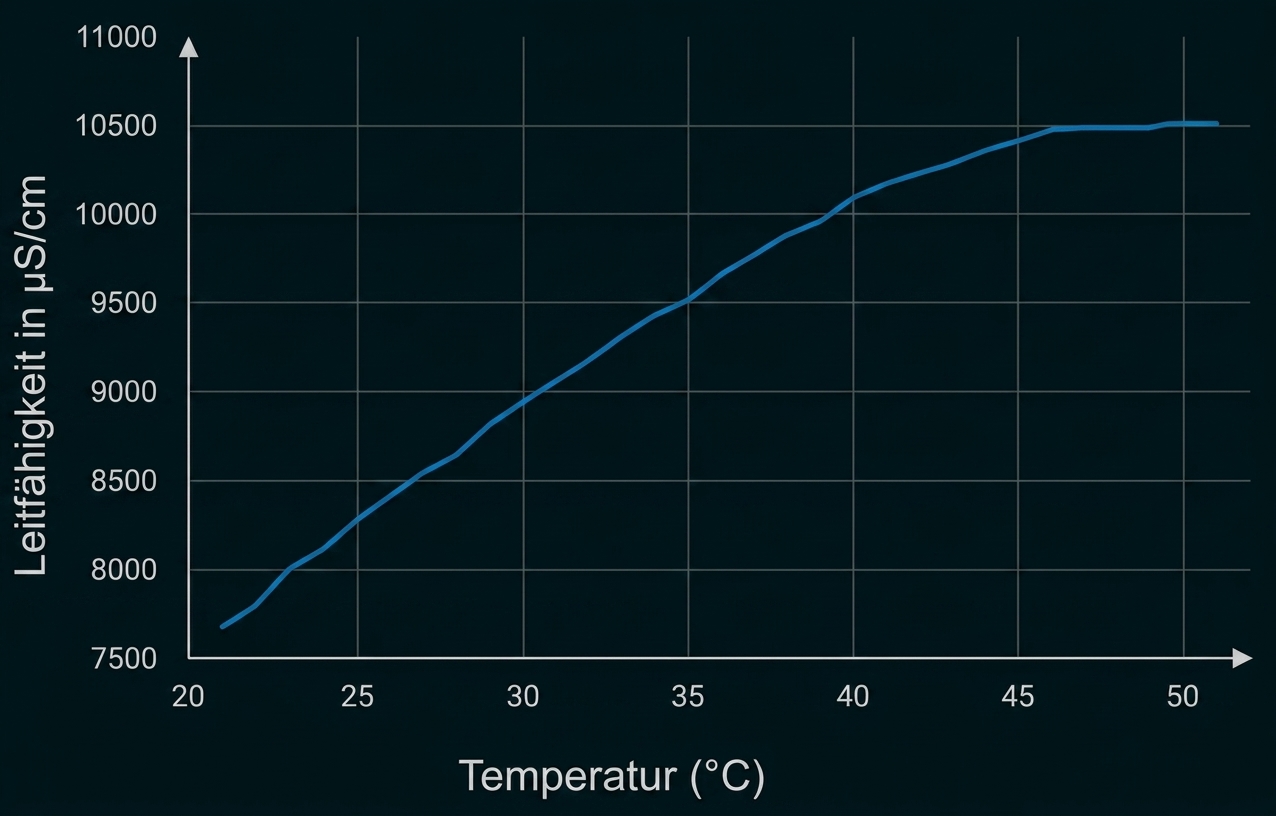 Liniengrafik: Leitfähigkeit steigt mit Temperatur an.
