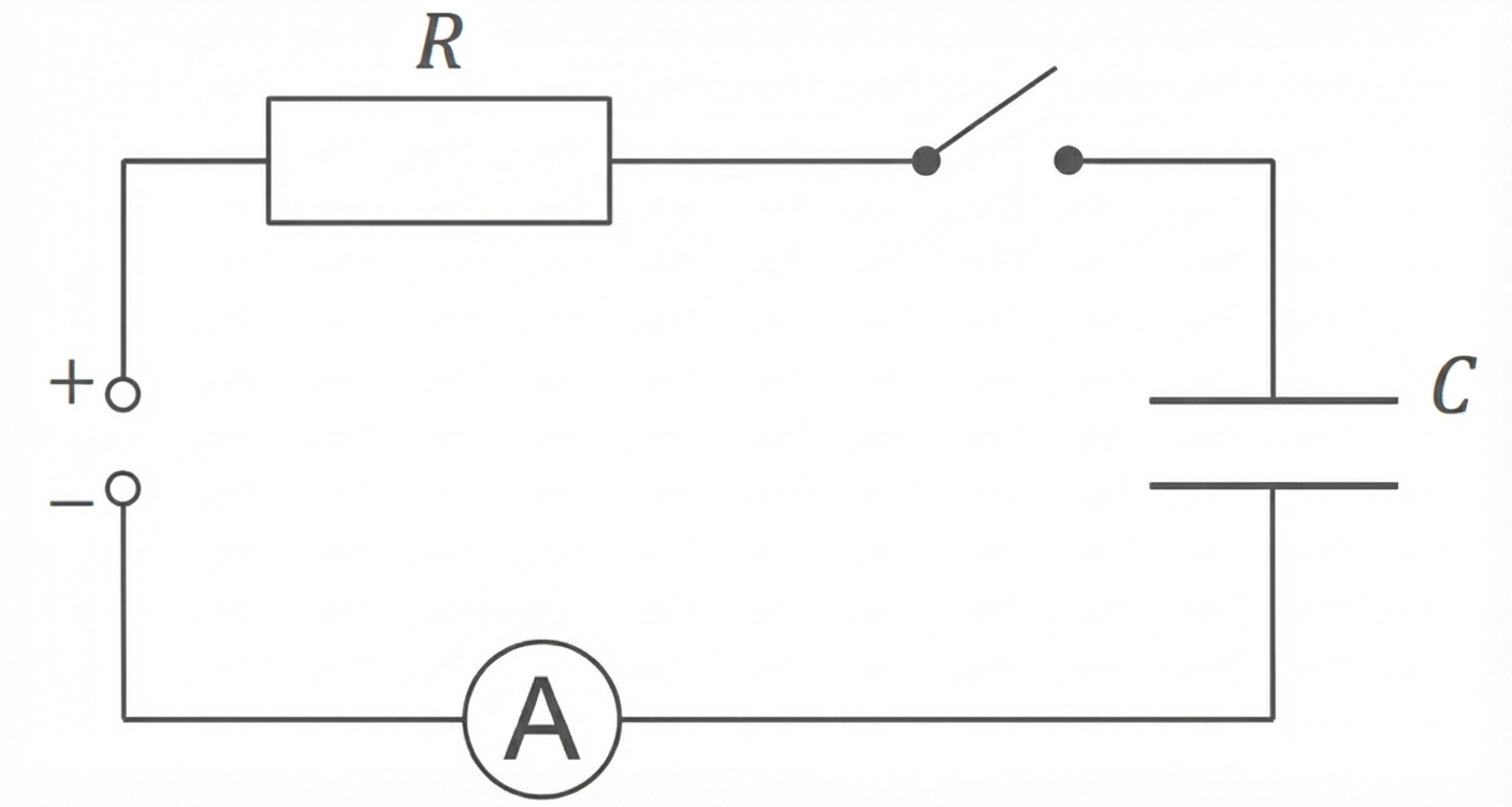 Schaltplan: Stromkreis mit Widerstand R, offenem Schalter, Kondensator C und Amperemeter A