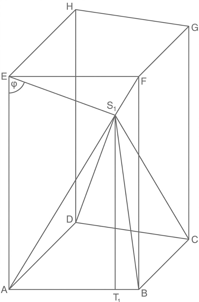 Geometrische Zeichnung: Würfel mit Eckpunkten A–H, innerer Punkt S1, Diagonalen und Winkel φ bei E.