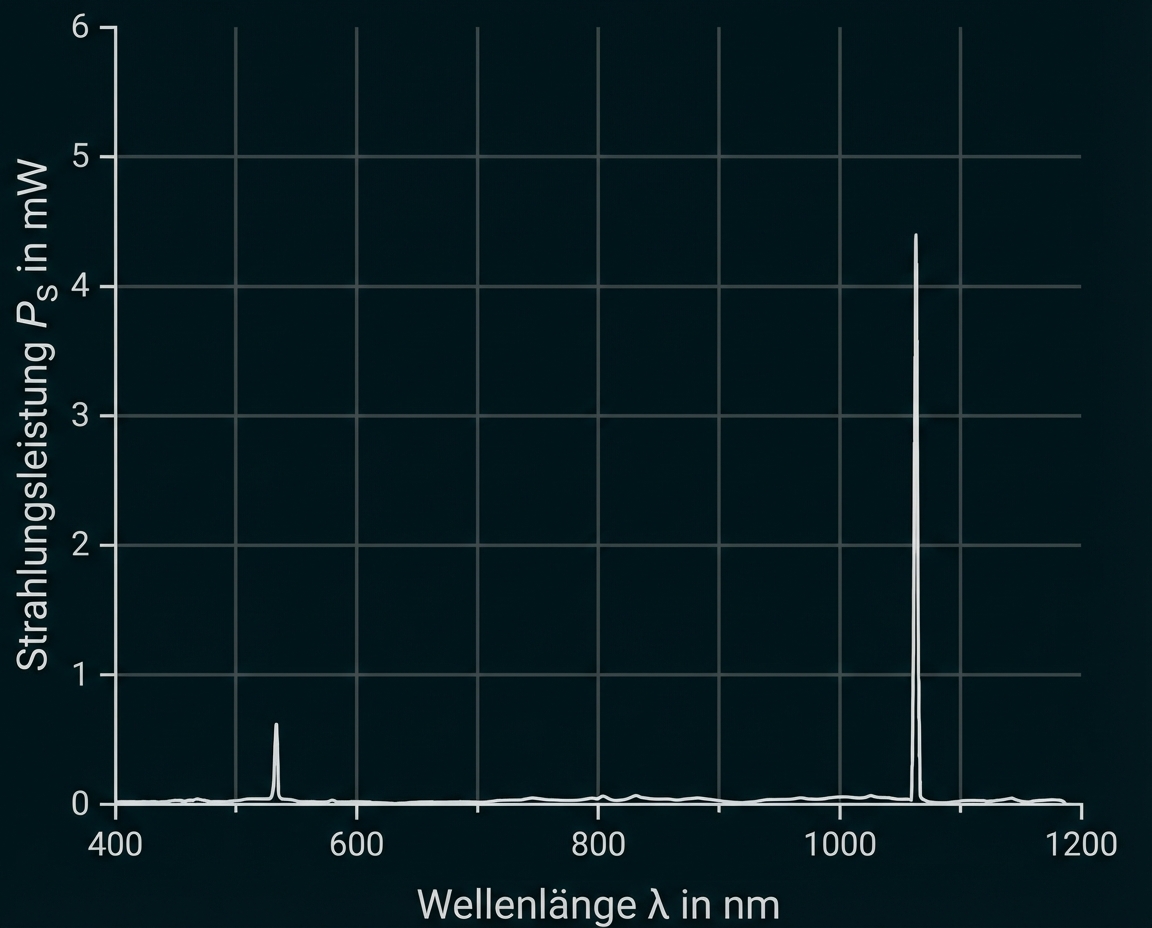 Spektraldiagramm mit zwei schmalen Peaks bei ~550 nm und ~1050 nm; Wellenlänge 400–1200 nm, Strahlungsleistung in mW.