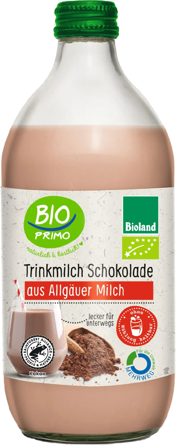 Flasche Bio-Trinkmilch Schokolade aus Allgäuer Milch, mit Kakao und umweltfreundlicher Verpackung. Lecker für unterwegs.