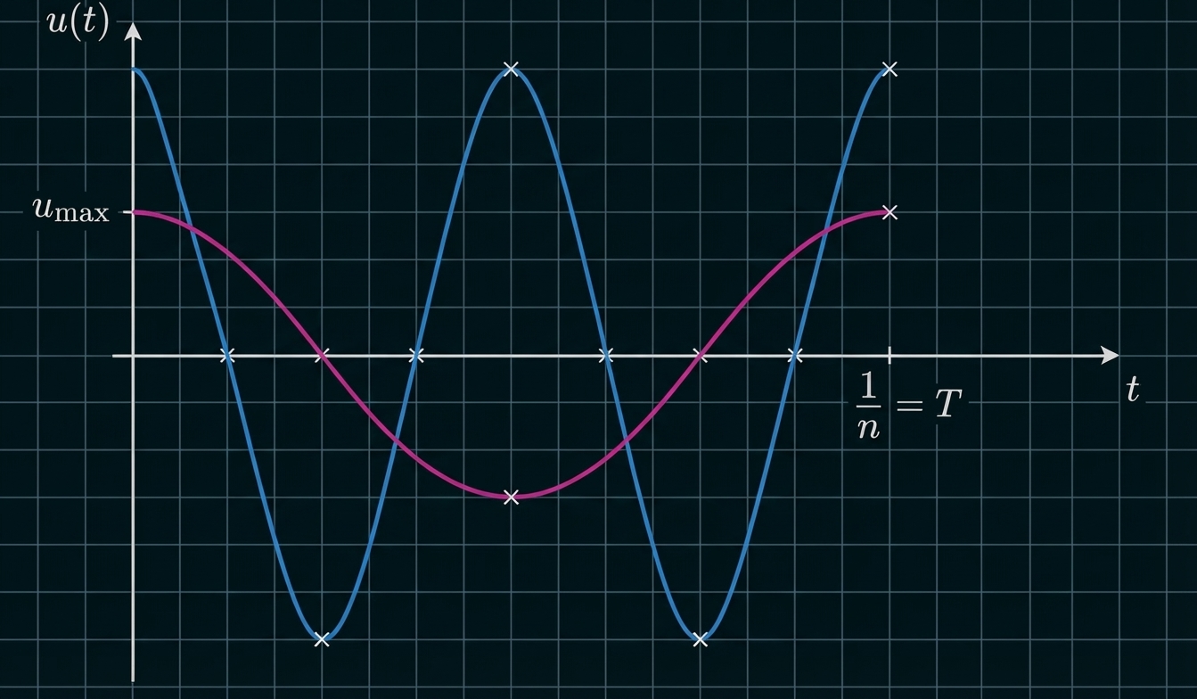 Gitterdiagramm zweier Sinuskurven (blau und pink), Achsenbeschriftung u(t) und t, Markierungen und Periodenangabe 1/n = T