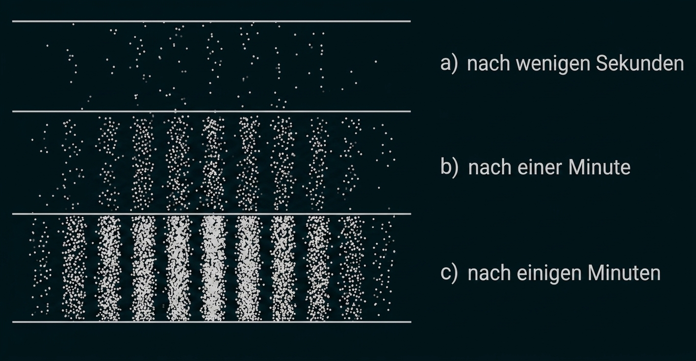 Drei horizontale Felder mit punktförmigen Teilchen, die von oben nach unten dichter werden; rechts Beschriftungen a) b) c) mit Zeitangaben.