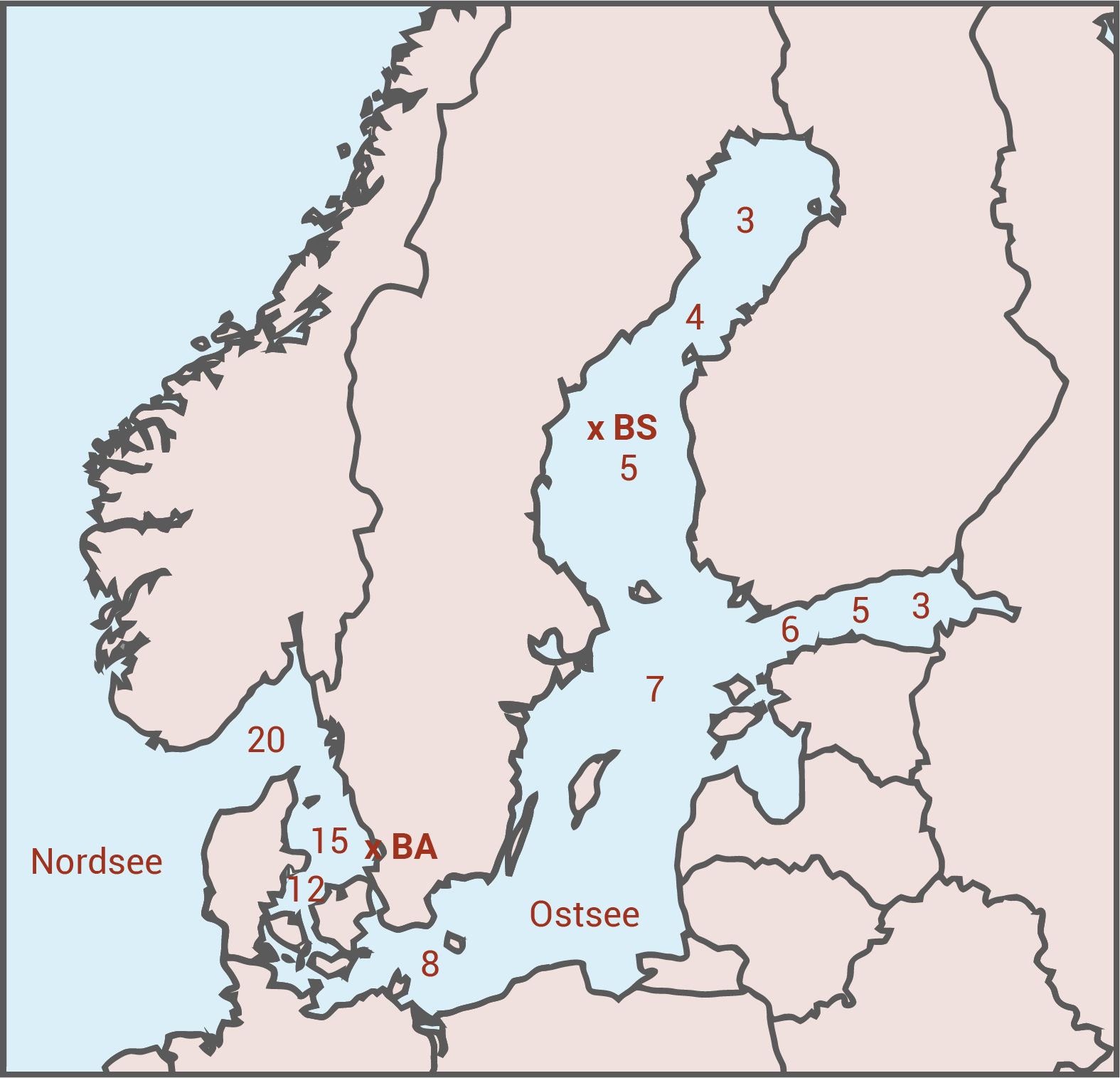 Karte der Ostsee und Nordsee mit markierten Orten und Nummern.