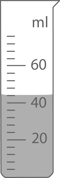 Messbecher mit Skala, zeigt Flüssigkeitsstand zwischen 20 und 60 ml.