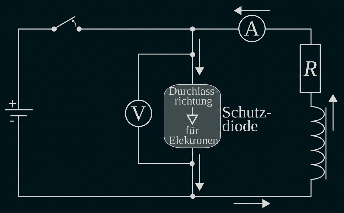 Schaltbild mit Schutzdiode, Spule, Widerstand sowie Amperemeter und Voltmeter.