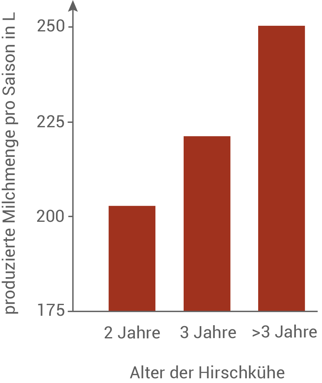 Balkendiagramm zeigt die Milchmenge pro Saison in Litern für Hirschkühe nach Alter.
