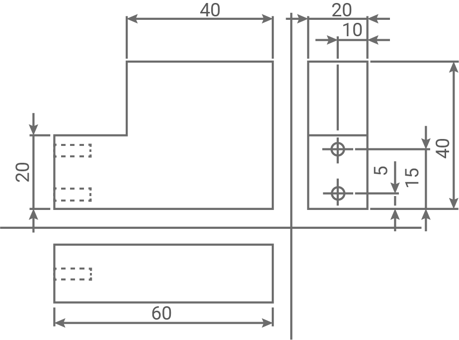 Technische Zeichnung: L-förmiges Bauteil mit Ansichten, Maßangaben (40,60,20) und zwei Bohrungen.
