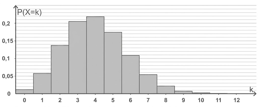 Graues Balkendiagramm: diskrete Wahrscheinlichkeitsverteilung für k=0–12, höchste Balken bei k=3–5, Achsenbeschriftung P(X=k) und k.