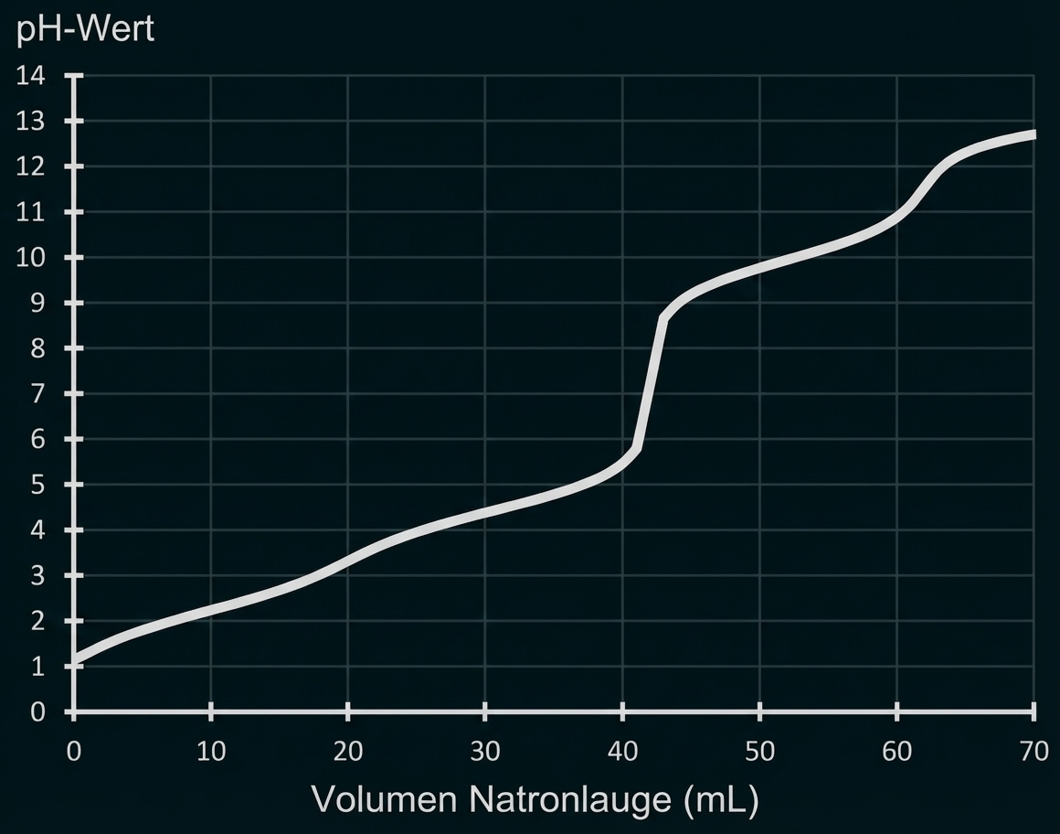 Diagramm: pH-Wert gegen Volumen Natronlauge (mL), Titrationskurve mit steilem Anstieg bei etwa 40–45 mL