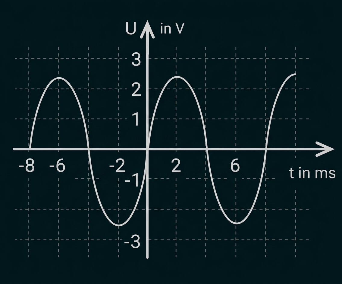 Graph einer sinusförmigen Spannung (U in V) über Zeit (t in ms) mit Gitter und Achsenbeschriftungen.