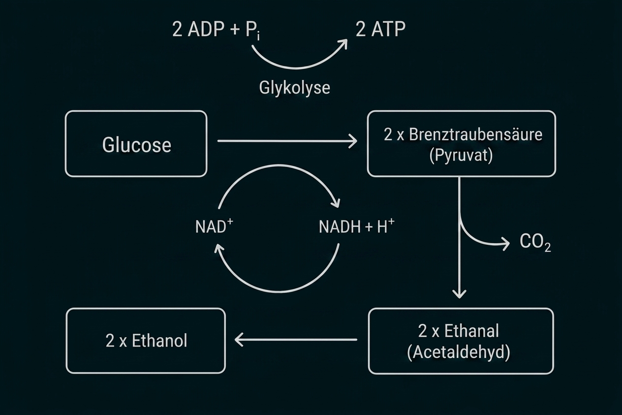 Schematische Darstellung alkoholischer Gärung: Glucose → Pyruvat → Acetaldehyd → Ethanol, CO₂, NADH/NAD⁺