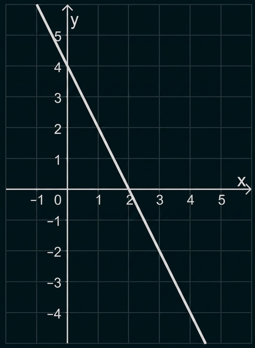 Koordinatensystem mit Gitternetz und fallender Geraden, Schnittpunkte bei y≈5 und x≈2.