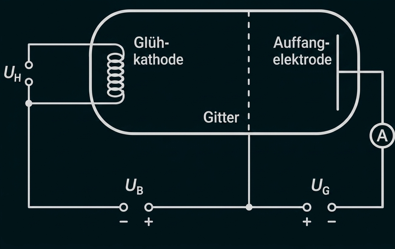 Schematische Darstellung einer Elektronenröhre mit Glühkathode, Gitter und Auffangelektrode.