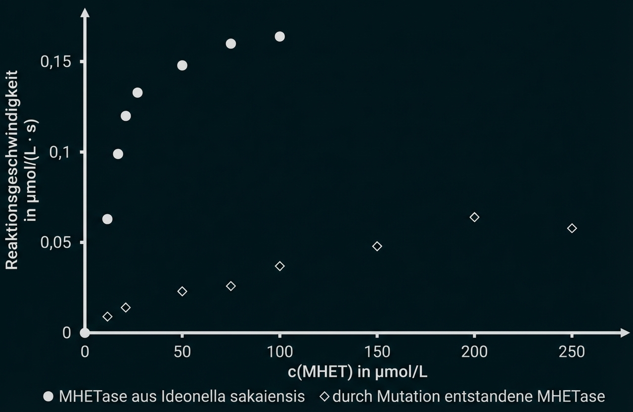 Punktdiagramm: Reaktionsgeschwindigkeit vs MHET-Konzentration, zwei Enzymvarianten dargestellt als gefüllte Kreise und Rauten