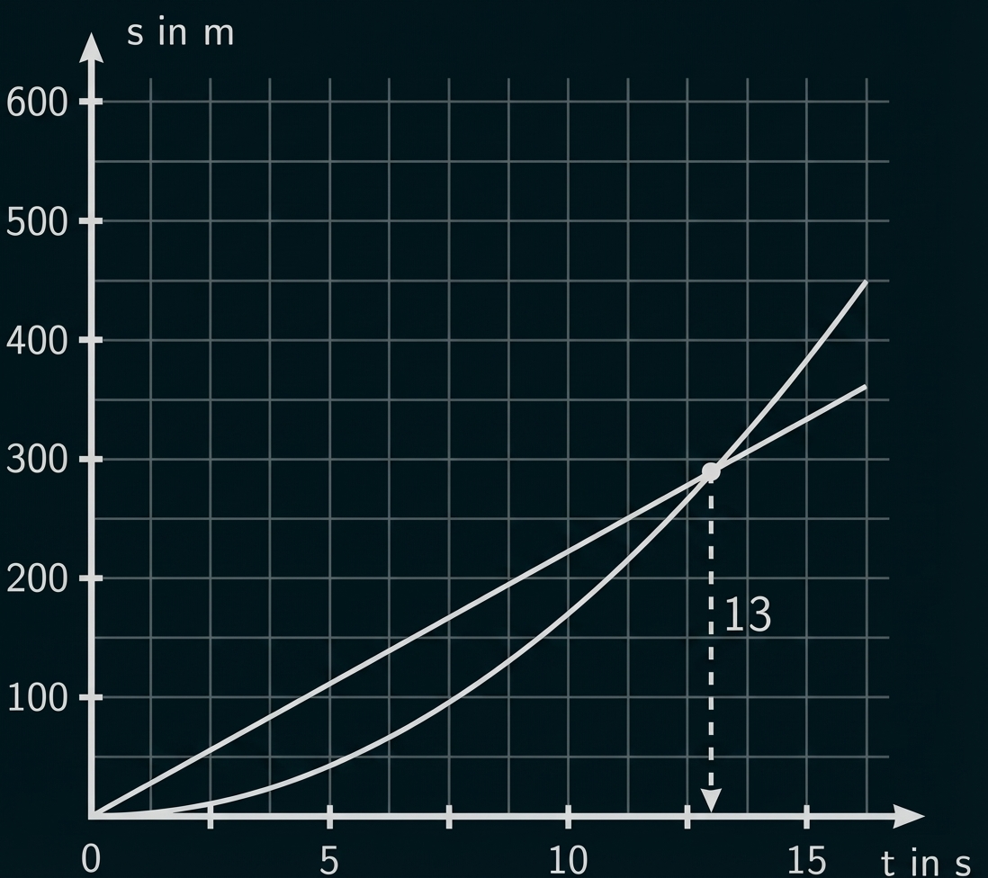 Diagramm: zwei ansteigende Kurven mit Schnittpunkt bei t ≈ 13 s; Achsen beschriftet s in m (vertikal) und t in s (horizontal)