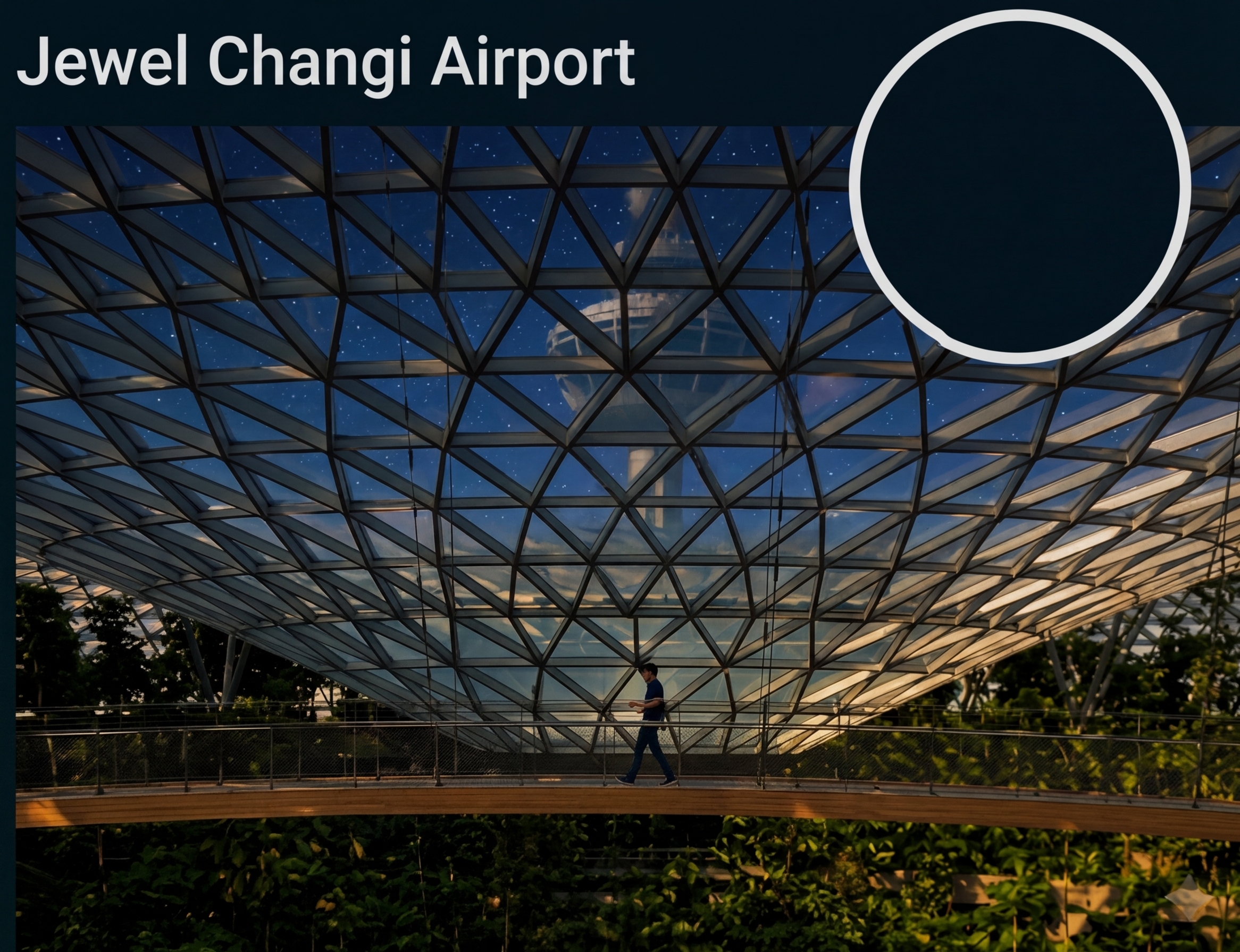 Bild des Jewel Changi Airport, die grünen Pflanzen, das blaue Himmelslicht durch die Glaskuppel und die Holz- sowie Metallakzente der Brücke