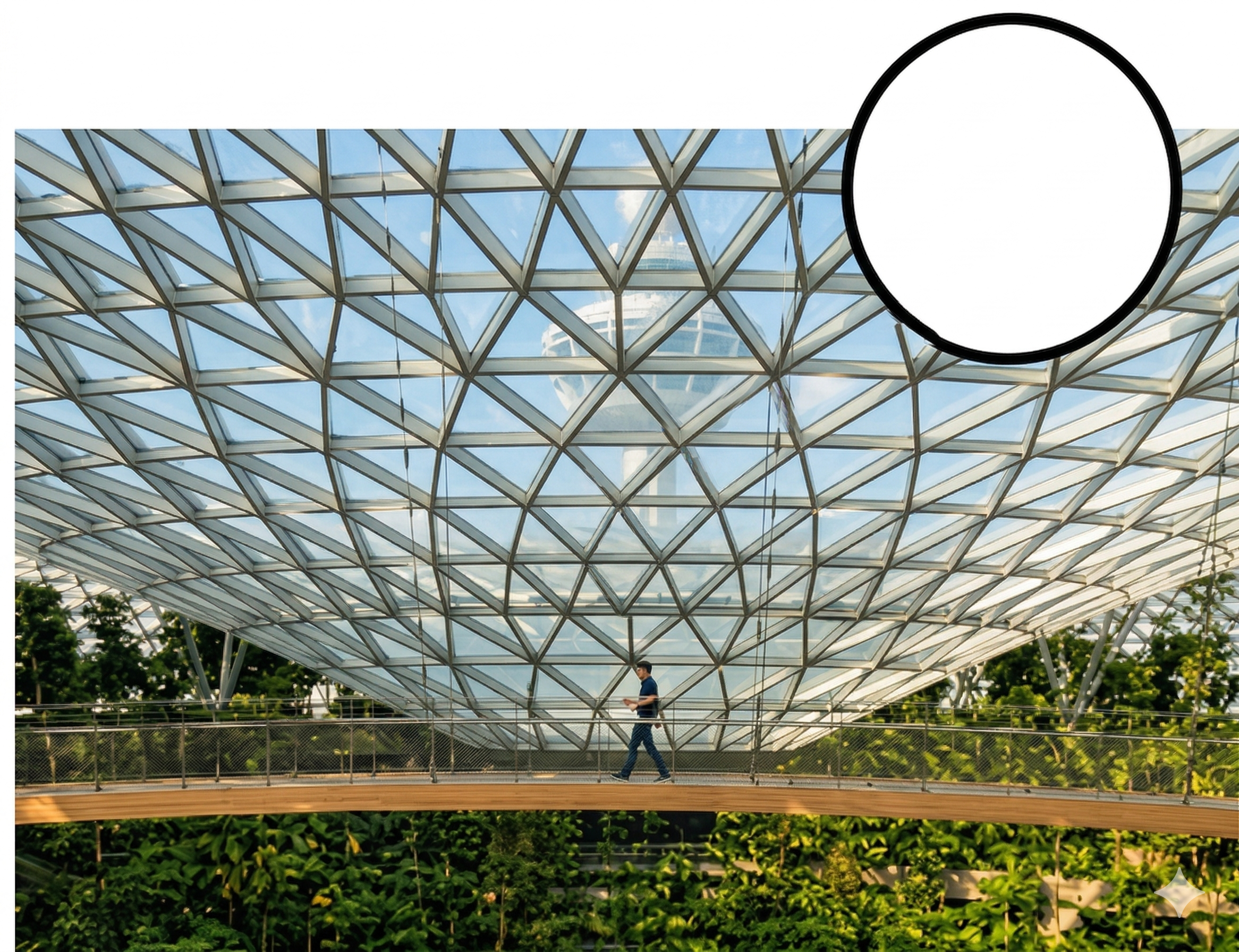 Bild des Jewel Changi Airport, die grünen Pflanzen, das blaue Himmelslicht durch die Glaskuppel und die Holz- sowie Metallakzente der Brücke