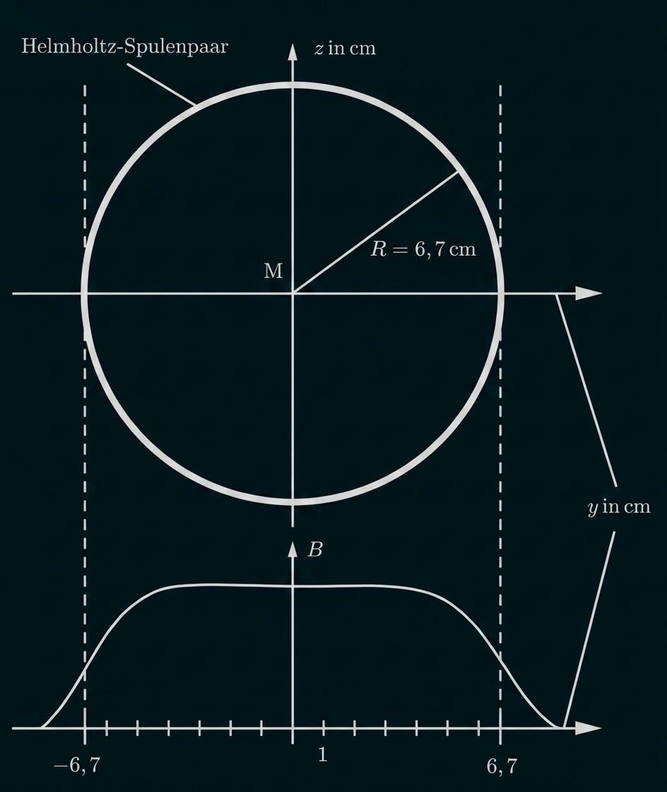 Schematische Darstellung eines Helmholtz-Spulenpaars: Kreis (R=6,7 cm), Achsen und darunter Verlauf der magnetischen Feldstärke B entlang y.