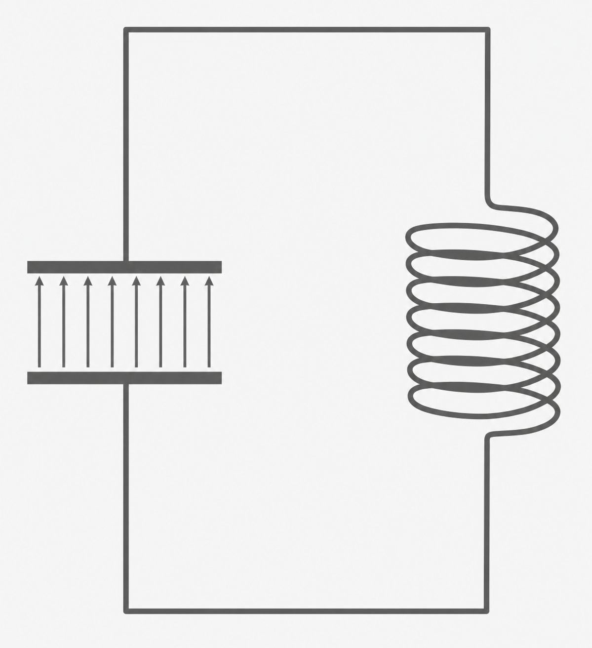 Schematische Darstellung: rechts Spule, links zwei Platten mit aufwärts gerichteten Pfeilen, durch Leitungen verbunden.