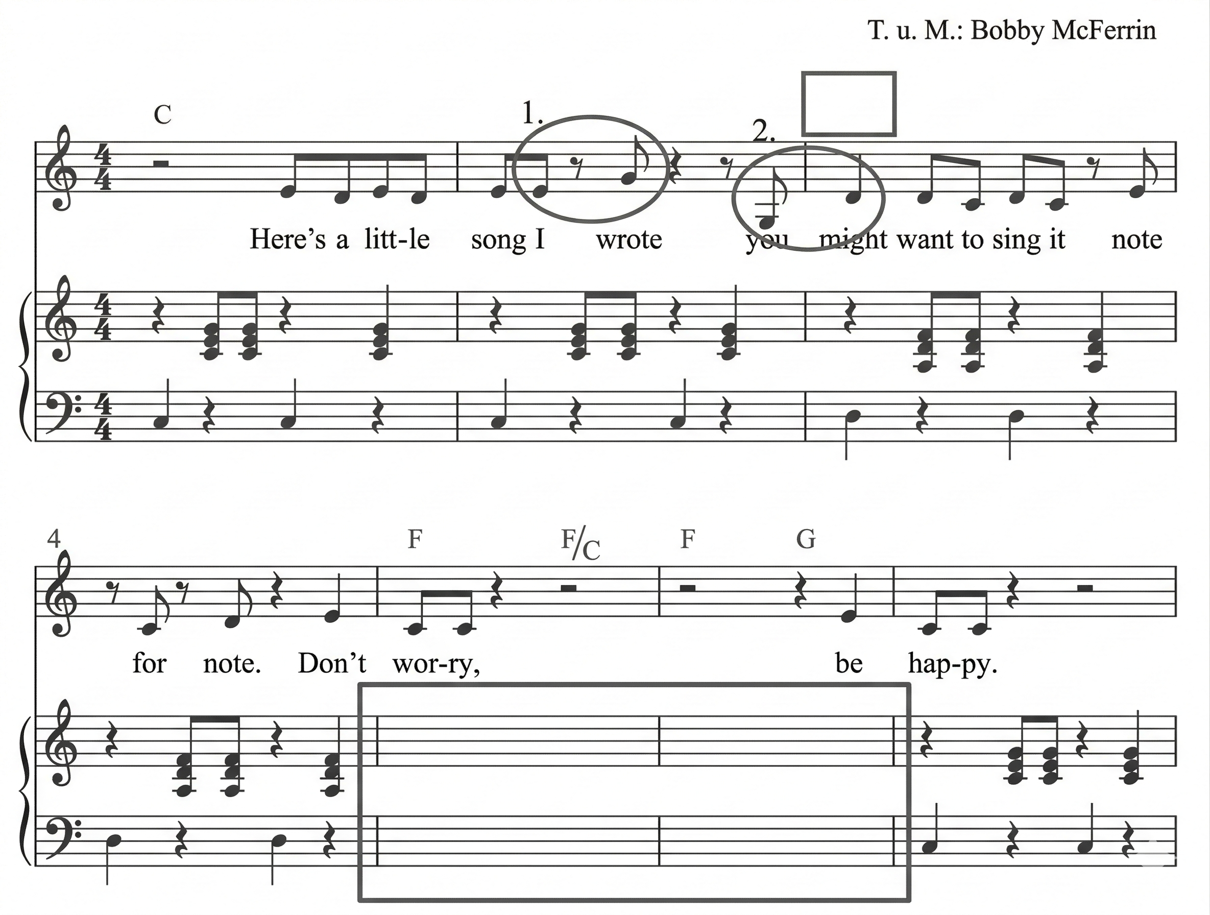 Notenblatt mit Gesangsmelodie, Textzeilen und Klavierbegleitung, zwei Systemzeilen mit Noten und markierten Phrasen.